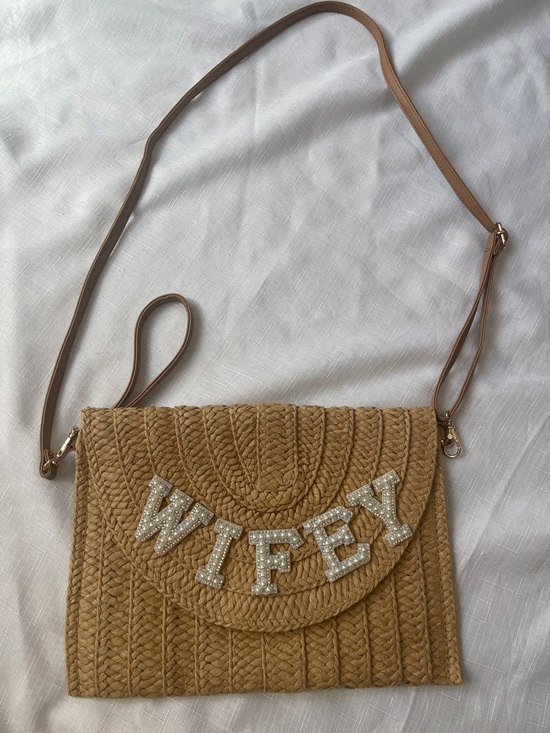 Handbags - Wifey Embellished Straw Crossbody Bag in Tan